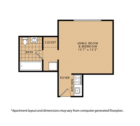 Floor plan for studio, 1 bath, 350 sqft